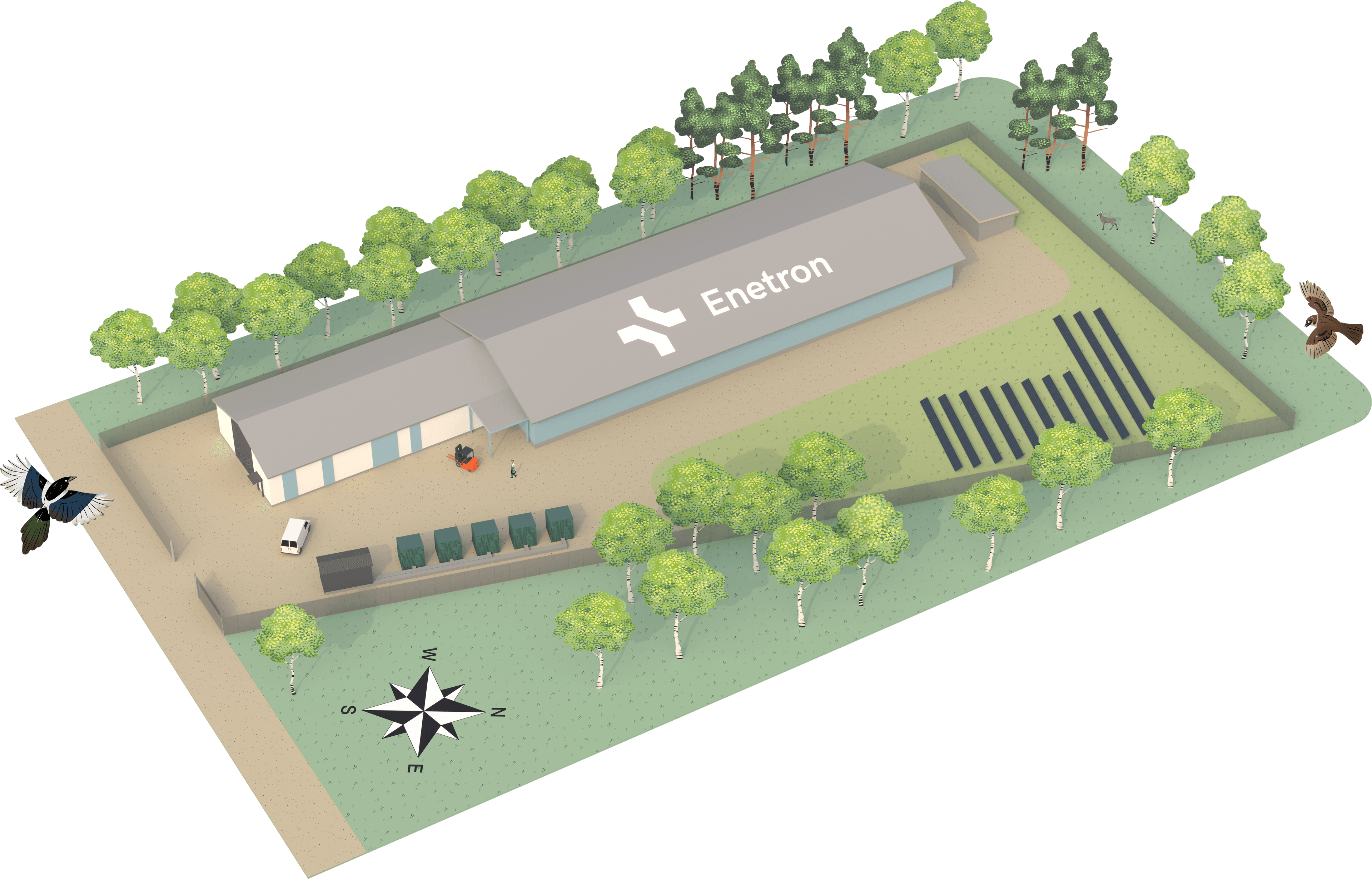 Enetronin demopuisto sekä ympäröivä Enetronin tehdasalue kuvituskuvassa.