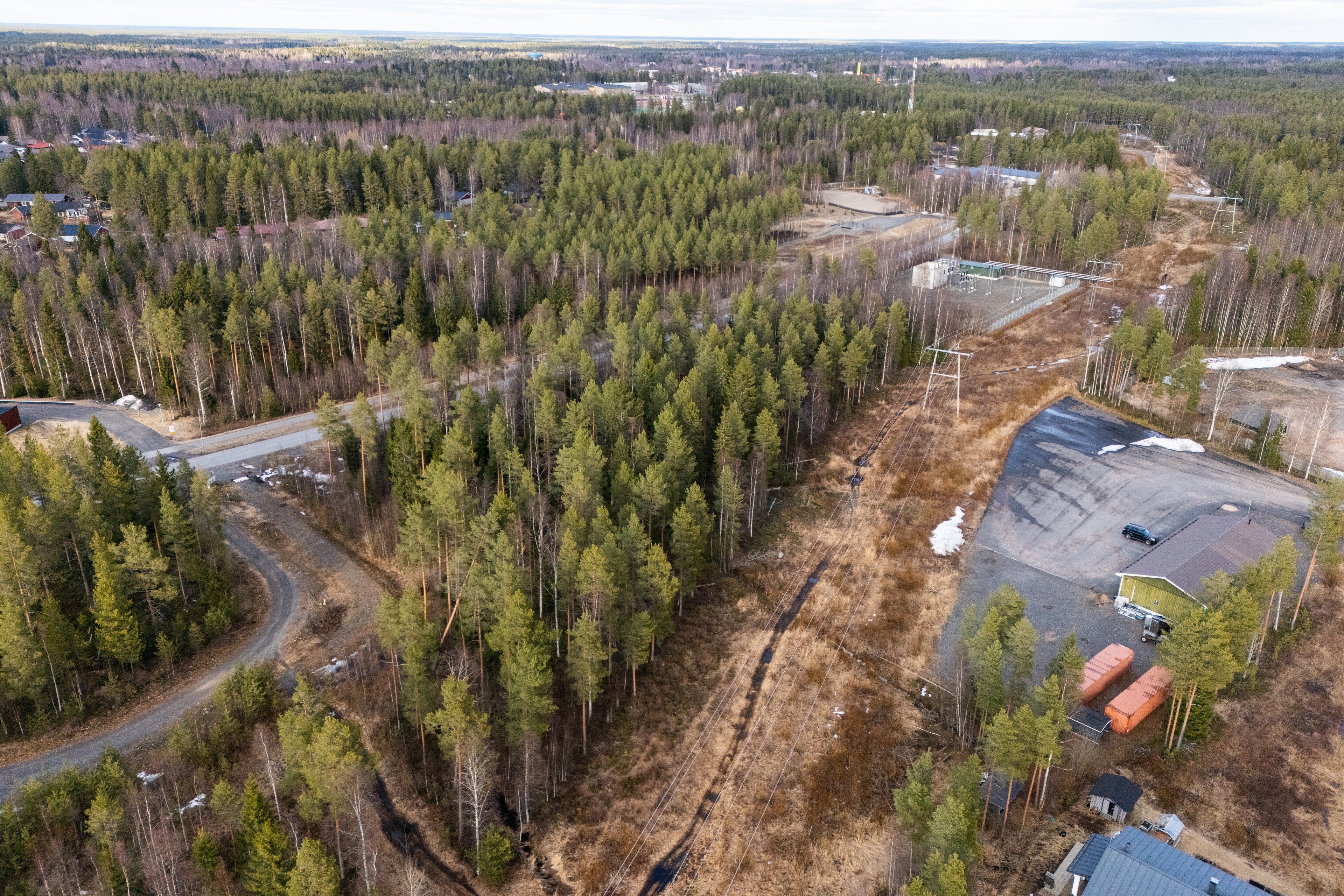 Metsäaluetta, taustalla sähköasema ja oikealla asuinrakennuksia